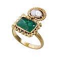 Double Gemstone Ring, Gold, pearl, emerald, Byzantine